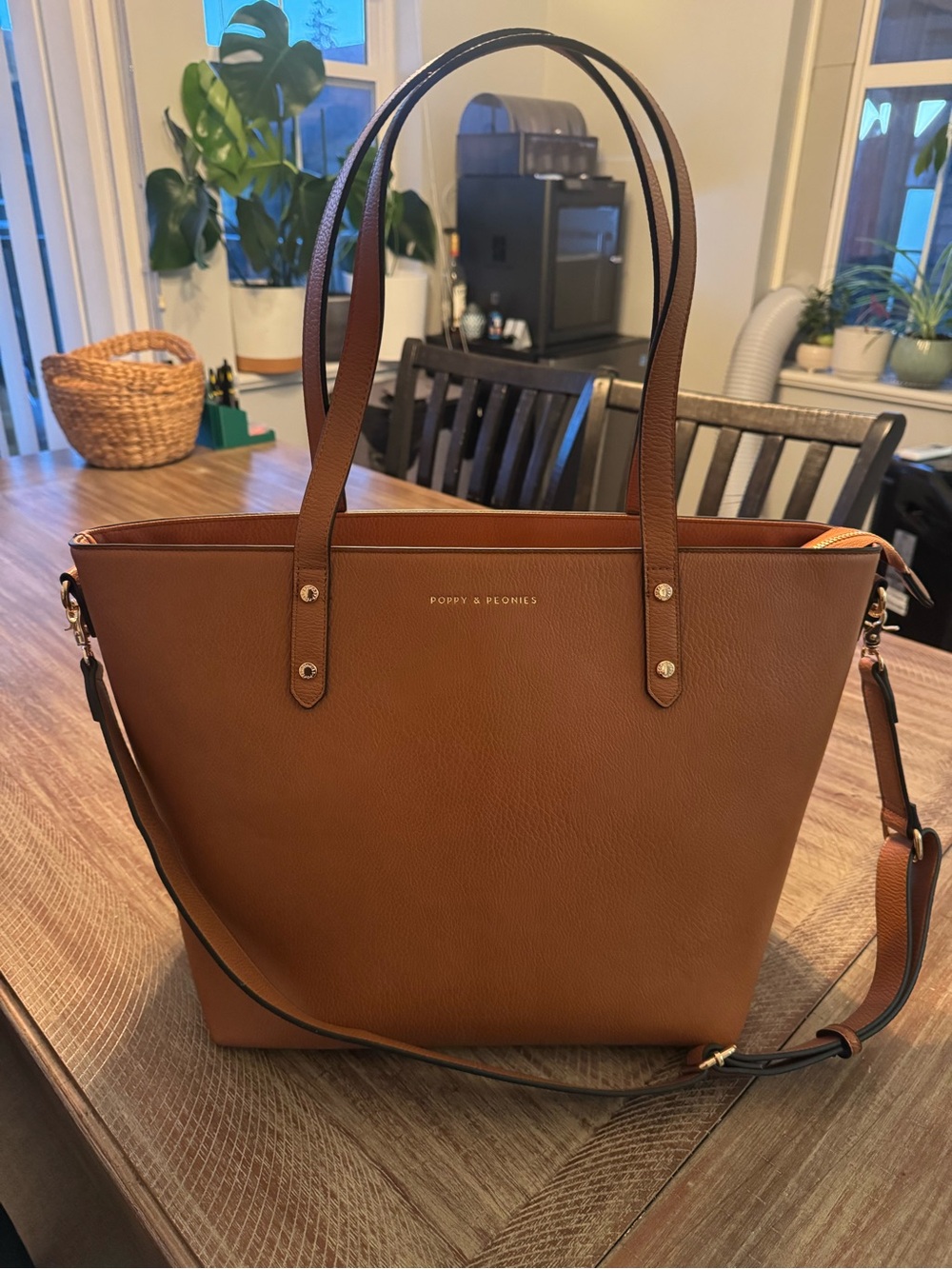 Poppy & Peonies Cognac Brown Go Getter Tote with Detachable Strap